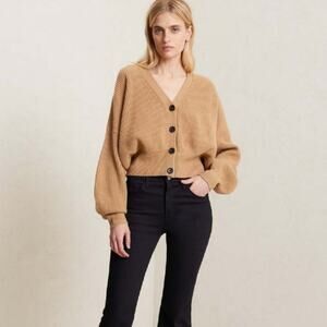 .L.C. May Camel 100% Merino Wool Ribbed Cardigan Oversized Balloon Sleeve Large